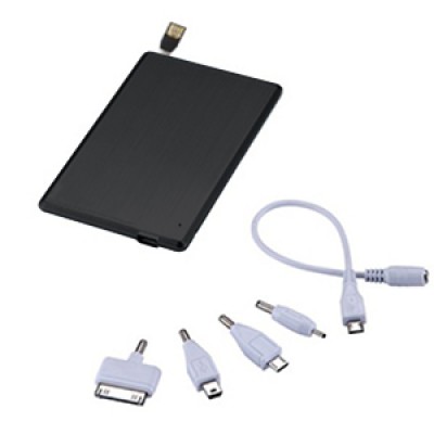 POWER BANK TARJETA NEGRA CON USB 8GB CAPACIDAD 1,000 mAh INCLUYE CABLE CON 5 ADAPTADORES Mod. 06-TEC035