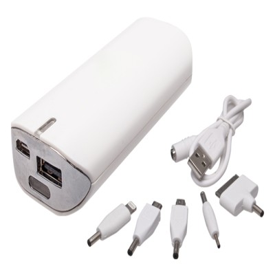 POWER BANK OVALADA CON LAMPARA LED CAPACIDAD 4,400 mAh INCLUYE CABLE CON 5 ADAPTADORES Mod. 06-TEC036